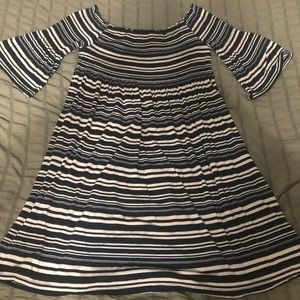 Blue and White striped off the shoulder dress.